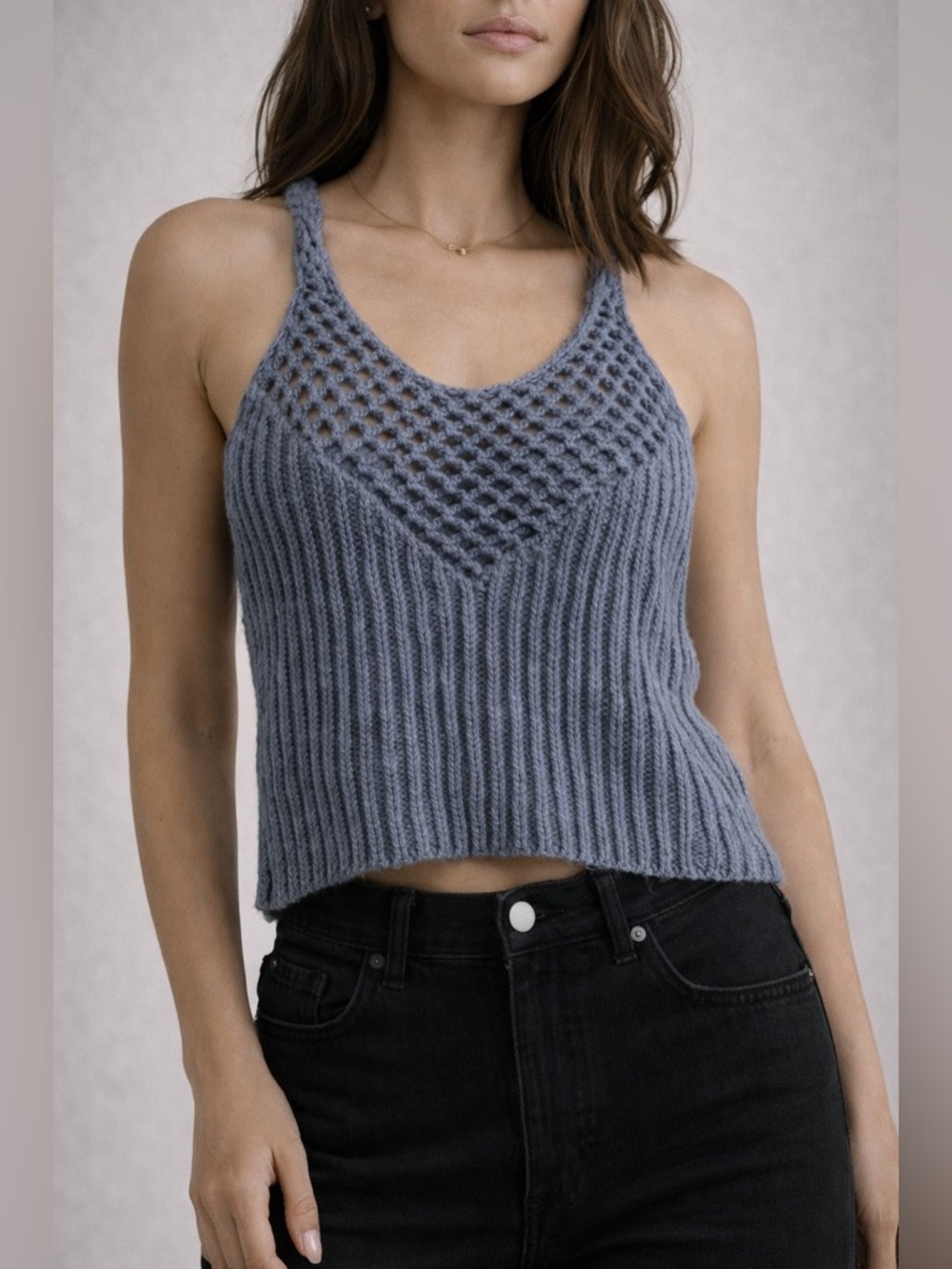 BKE Crochet Knit Tank Top Dusty Blue Textured Boho Chic Size S